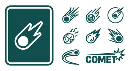 Dark teal comet icon set with flat vector asteroid designs, celestial tails, and orbits. Minimalist monochrome graphics for branding, apps, and astronomical themed design projects. © Nemo Katana