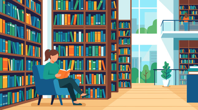 Woman reading in a cozy modern library with towering colorful bookshelves, bright atrium windows, balcony stacks, indoor plant, and calm study lounge atmosphere vector illustration for education