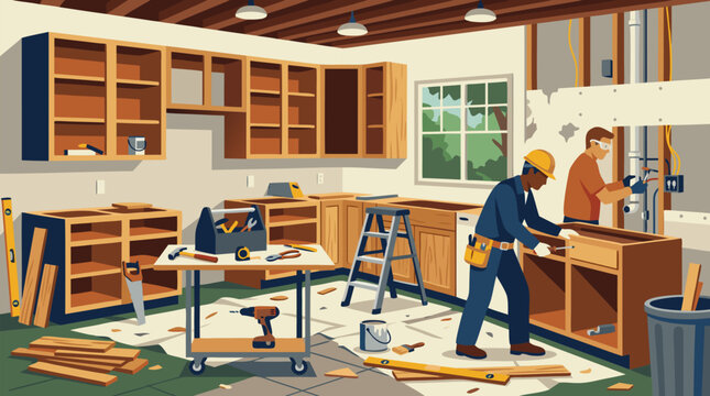 Active kitchen remodel scene with carpenters installing cabinets, exposed wall wiring, tools, ladder, sawdust and unfinished cabinetry in a bright home renovation workspace, flat vector illustration