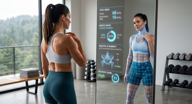 AI Smart Fitness Mirror Displaying Body Composition Analysis and Health Metrics for Woman During Home Workout with Digital Wellness Technology Interface