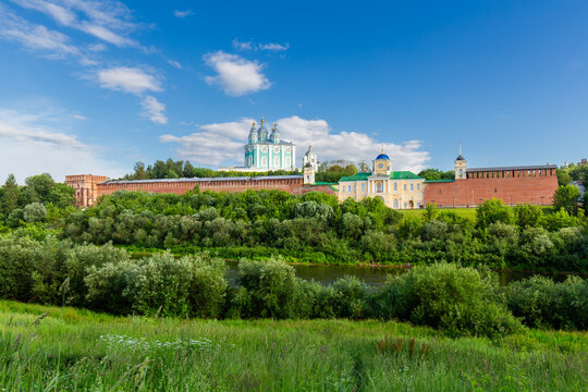 The fortress wall of the Smolensk Kremlin and Assumption Cathedral, Russia