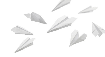 Multiple white paper airplanes flying in different directions against a white background © Sapphire