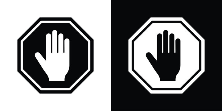 Flat octagonal stop sign featuring a minimalist straight wrist hand gesture. Black and white vector element designed for traffic control or application UI.