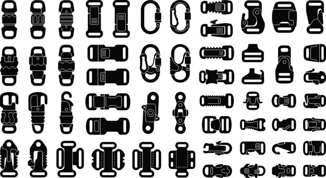 Collection of vector icons featuring various plastic buckles, snap hooks, and carabiners for outdoor gear