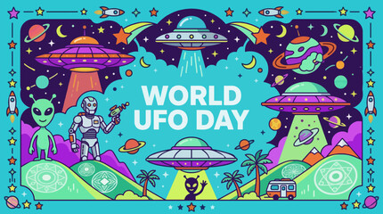 World UFO Day Flat Design Vector Illustration with Alien and Robot, Flying Saucers and Planets in Space, Colorful Retro Sci-Fi Poster with Stars and Cosmic Landscape, Fun Extraterrestrial Graphic © Raka