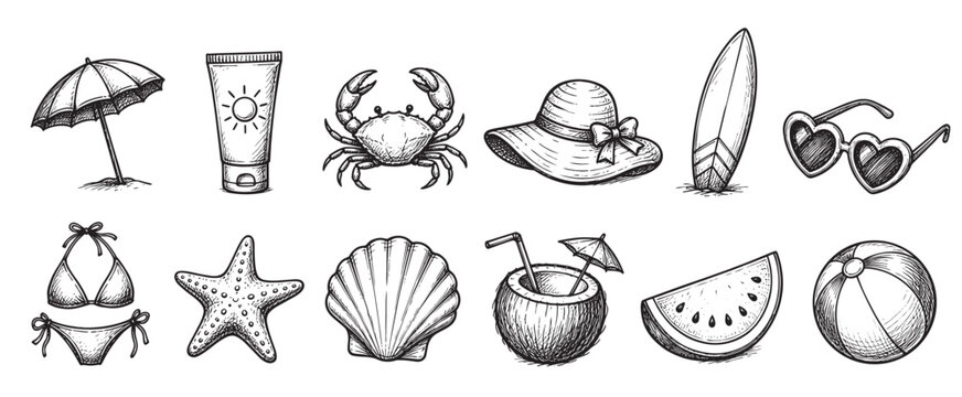 Hand-drawn summer beach vacation objects in a black and white sketch style, isolated on a clean white background