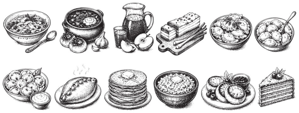 Various hand-drawn traditional Eastern European dishes and ingredients are arranged in a detailed black and white sketch style on a clean white background