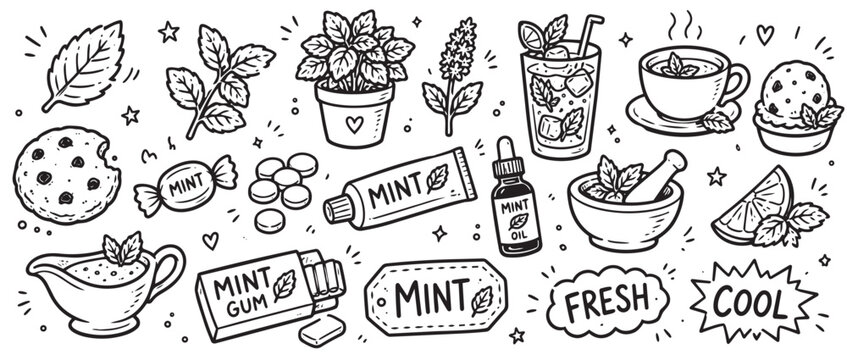 Various hand-drawn mint products and ingredients in a doodle style, including leaves, tea, oil, and candy on a white background