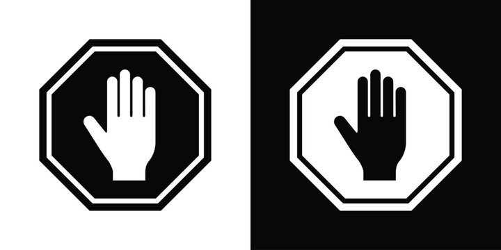 Flat octagonal stop sign featuring a minimalist straight wrist hand gesture. Black and white vector element designed for traffic control or application UI.