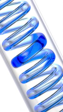 Colored Liquid Flowing Through Spiral Tube. Blue fluid travels through a transparent coil on a white background.