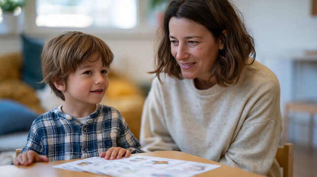 Speech therapist kneeling to the eye level of a small boy practicing vowel sounds at a child-height therapy table, illustrated flashcards fanned out before them, a sensory corner