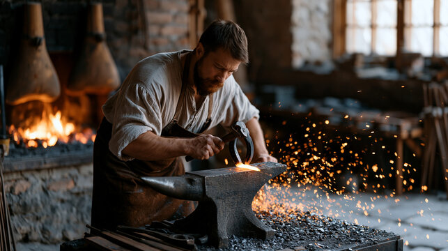 Inside a heritage blacksmith workshop glowing with forge fire a barrel-chested Georgian craftsman strikes a horseshoe against an iron anvil, sending a spray of orange sparks