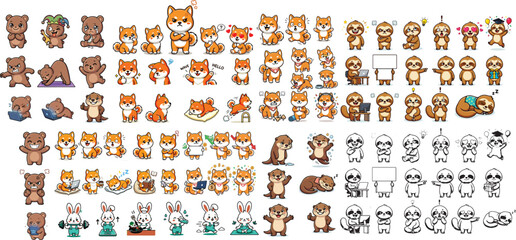 Naklejka premium Cute Shiba Inu Dog Character Sticker Vector Set - Kawaii Puppy Emotions and Daily Activities Illustration