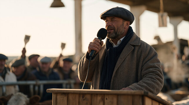A broad shouldered Hungarian livestock auctioneer calls bids from a raised timber podium at an autumn cattle market, microphone in hand, buyers in flat caps raising numbered