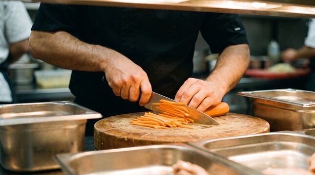 Professional Chef Cutting Fresh Carrots on Wooden Cutting Board in Restaurant Kitchen