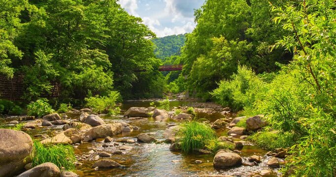 Jozankei Onsen Daytime Timelapse: Futami Suspension Bridge and Toyohira River Valley, Sapporo, Hokkaido, Japan - Wide Angle Shot