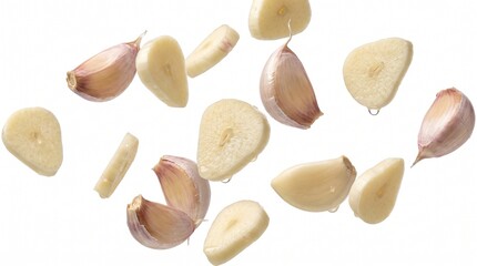 Fototapeta premium Fresh garlic cloves and slices falling isolated on white background
