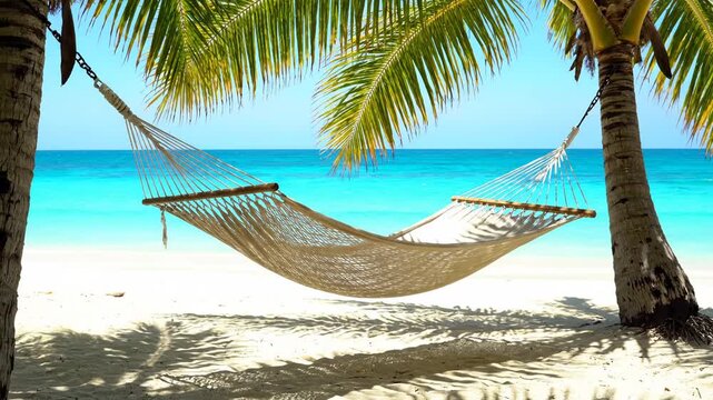 A braided fabric hammock hangs between two tall tropical palm trees overlooking a bright turquoise ocean shoreline where gentle waves roll onto the warm sandy beaches during a sunny summer
