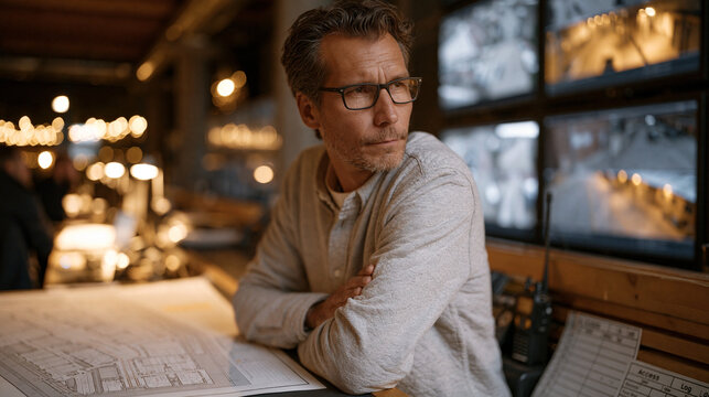 Security consultant reviewing CCTV footage across a bank of monitors in a dimly lit operations room, a printed site plan spread on the desk beside a radio unit and annotated