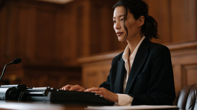 Court reporting in an active courtroom, a Japanese court reporter's fingers moving across a stenography machine while a witness speaks, legal proceedings in progress, wood-paneled