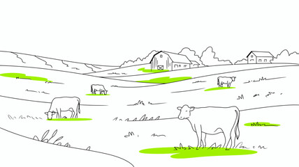 Obraz premium Rustic farm landscape illustration with cows, pastoral countryside panorama, agricultural background with houses. Sketch style outdoors view. Agricultural grazing animals scene. Green field