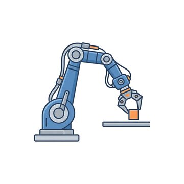 A flat vector illustration of an industrial robotic arm performing a manufacturing task.