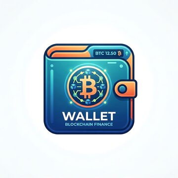 Digital cryptocurrency wallet icon featuring a bitcoin symbol and blockchain network technology concept.