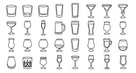 Modern One Line Alcohol Beverage Glasses Monoline Outline Editable Vector Collection © Asif