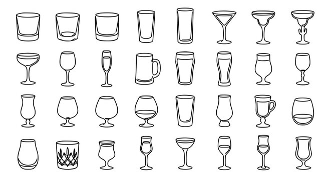 Modern One Line Alcohol Beverage Glasses Monoline Outline Editable Vector Collection