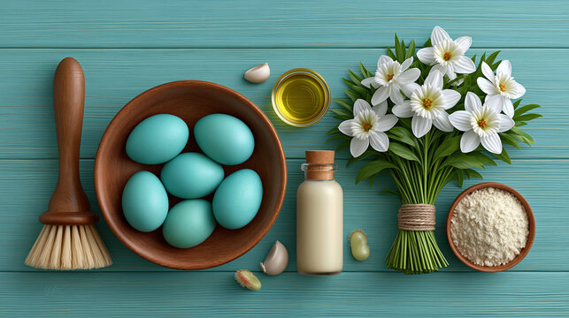 Blue eggs and natural dye ingredients flat lay for Easter craft decoration and spring design