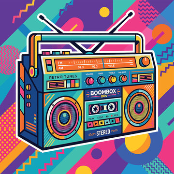 Retro colorful boombox stereo player.