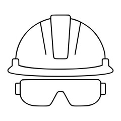 Fototapeta premium Minimalist hand-drawn vector icon of construction hard hat with safety goggles, clean thin outline line art, scalable graphic for industrial safety signage, workwear branding, and occupational safety