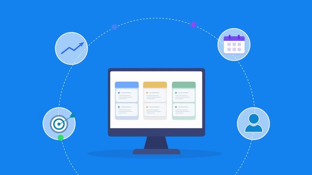 Animated flat vector motion graphic featuring an AI project analytics dashboard on a desktop monitor with performance, calendar, target, and user icons. Ideal for workflow management, productivity, an