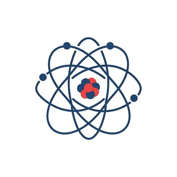 Minimalist flat vector icon representing an atomic structure with nucleus and orbiting electrons.