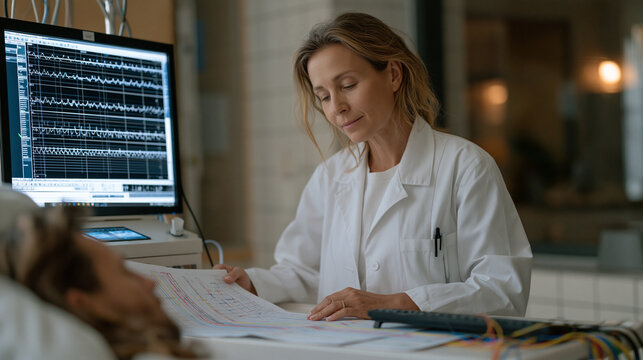 A sleep scientist in a hospital research unit stands at a bedside polysomnography station reviewing EEG wave printouts from an overnight study, colored electrode lead charts