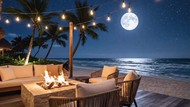 Tropical Beach Patio Fire Pit Cozy Evening Under Full Moon and String Lights