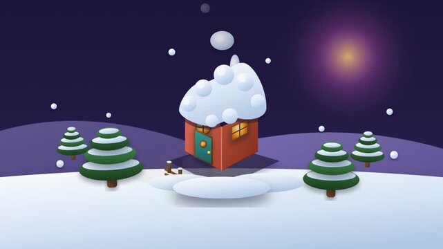 Cozy animated cabin in snowy winter landscape at night with falling snow.