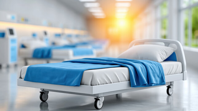 Empty hospital bed with blue blanket in ward for patient recovery and healthcare facility content