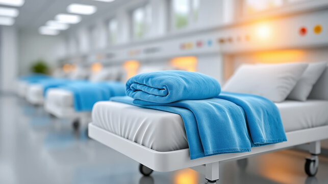 Folded blue blanket on hospital bed for clean clinic interior and patient care concept