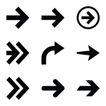 A collection of minimalist black arrow icons in flat vector style featuring bold right pointing arrows with multiple navigation variations