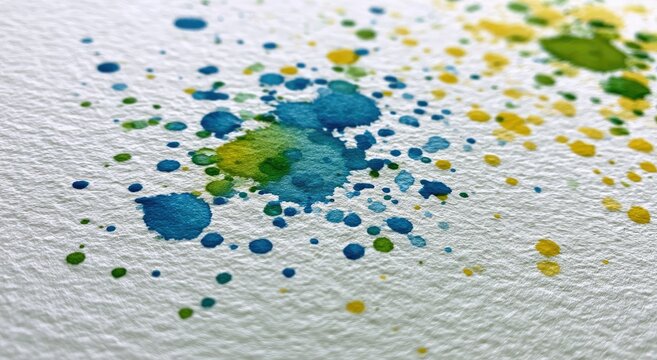Abstract colorful splatters of blue and green watercolor paint on textured paper