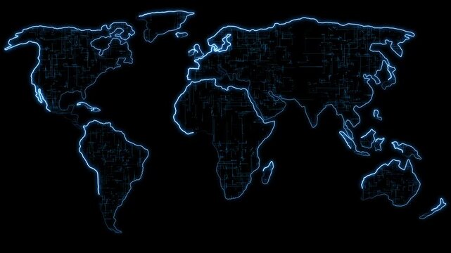 A digital world map glows brightly with futuristic technology lines. This digital world map represents international data streaming networks. Use this digital world map loop for news.
