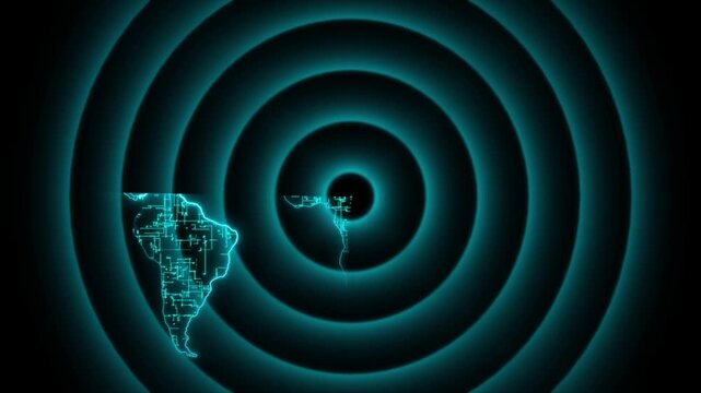 A cyber radar screen targets a digital map of Africa precisely. This digital map represents continental logistics and tracking systems. Use this digital map loop for geopolitical media.