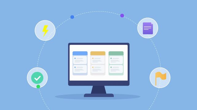 Animated flat vector motion graphic featuring an AI workflow management dashboard on a desktop monitor with verification, settings, notification, and productivity icons. Ideal for business automation 