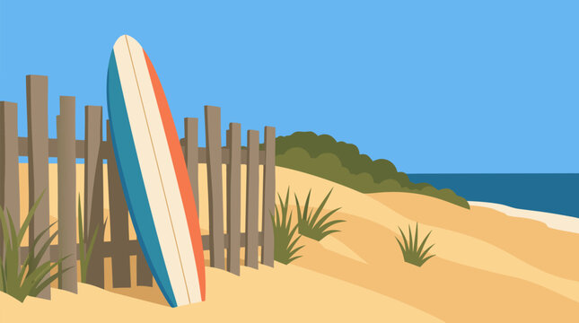 Surfboard leaning on rustic wooden beach fence amid golden sandy dunes, coastal grass, blue ocean and clear sky, tranquil summer vacation vector illustration for seaside travel and surf lifestyle