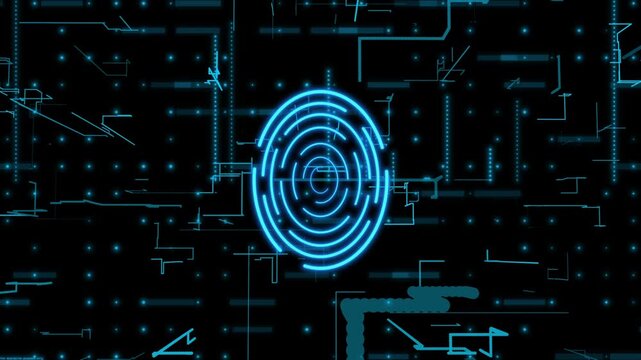 A digital fingerprint scan glows on a dark network background screen. This digital fingerprint scan represents biometric identity protection. Use this digital fingerprint scan loop for IT.