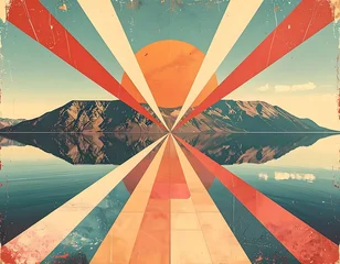 Vibrant sunburst over serene mountain lake. © Darni