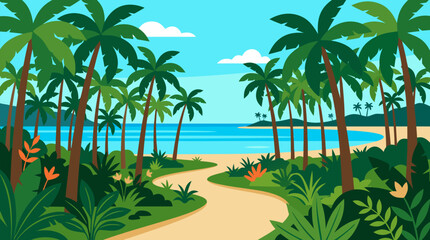 Fototapeta premium Tropical jungle path winding through lush palm trees toward turquoise ocean, sandy beach, distant island and bright summer sky in vibrant flat vector paradise landscape illustration design