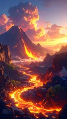 Volcanic eruption with lava flow landscape. © Darni