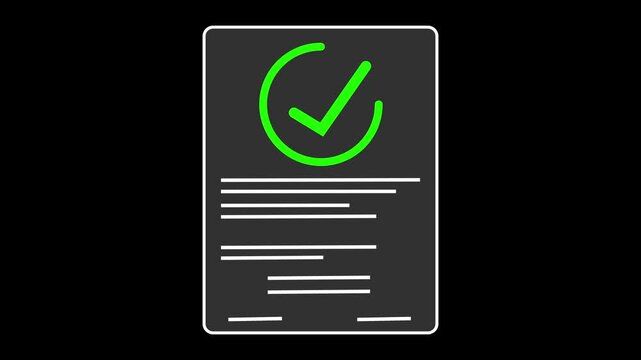 A green verification icon appears over a dark digital document page. This verification icon represents approved contracts and forms. Use this verification icon loop for business media.